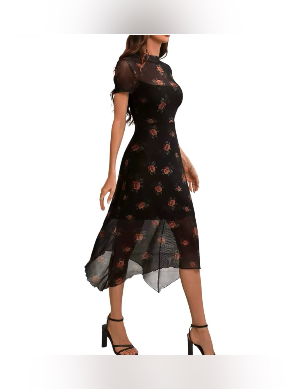 🆕Goth Dark Gothic Sexy Dark Rose Pr int Mesh High-Neck Asymmetrical Dress S🆕
